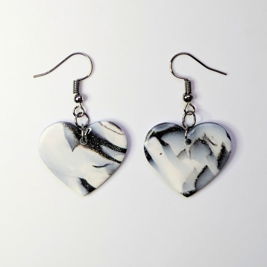 Marbled Black & White Heart Drop Earrings