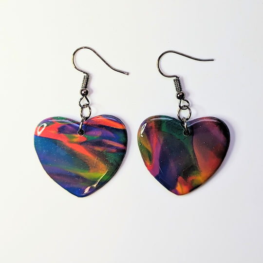 Marbled Multi-Coloured Rainbow Heart Drop Earrings