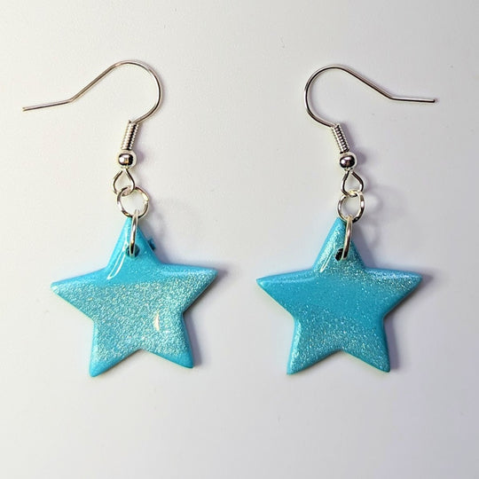 Marbled Sparkly White & Blue Star Drop Earrings