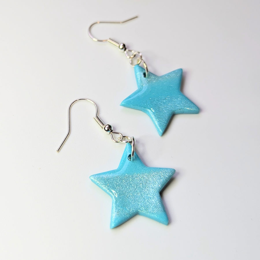 Marbled Sparkly White & Blue Star Drop Earrings