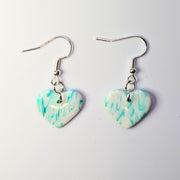 Marbled Sparkly Aqua & White Heart Drop Earrings