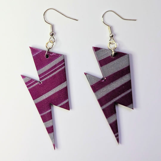 Oversized Striped Sparkly Purple & Silver Lightning Bolt Drop Earrings