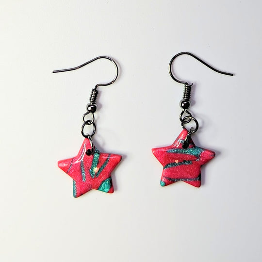 Marbled Sparkly Red & Green Star Drop Earrings