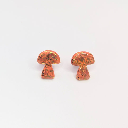 Sparkly Gold Foiled Orange Mushroom Stud Earrings