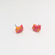 Sparkly Marbled Red & Yellow Cute Cat Face Stud Earrings