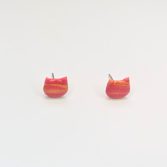 Sparkly Striped Red & Yellow Cute Cat Face Stud Earrings