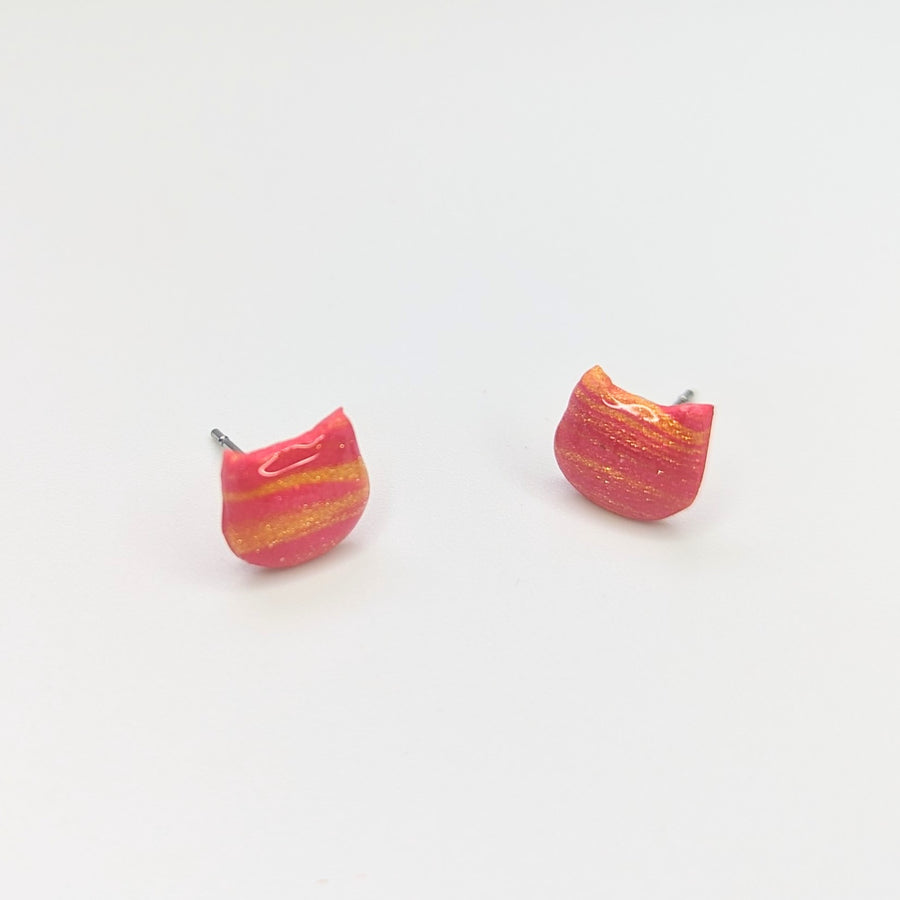 Sparkly Striped Red & Yellow Cute Cat Face Stud Earrings