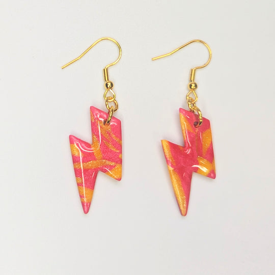 Sparkly Marbled Red & Yellow Lightning Bolt Drop Earrings
