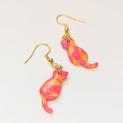 Sparkly Marbled Red & Yellow Cute Cat Drop Earrings