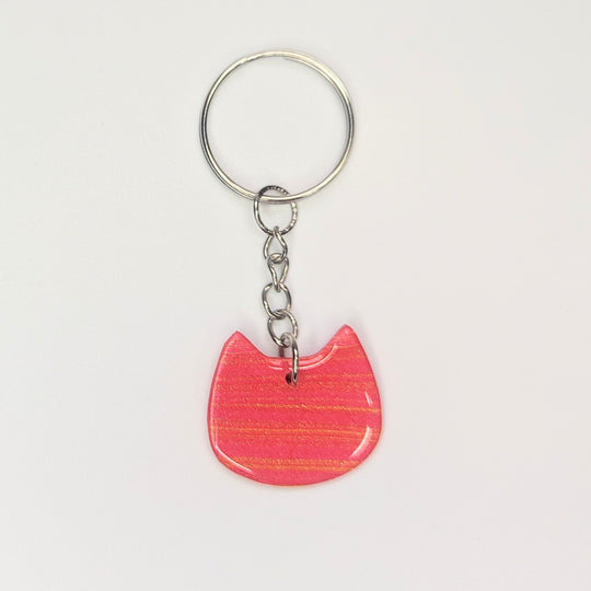 Sparkly Red & Yellow Striped Cat Face Keyring