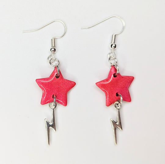Sparkly Red Star with Lightning Bolt Charm Trapeze Earrings