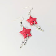 Sparkly Red Star with Lightning Bolt Charm Trapeze Earrings