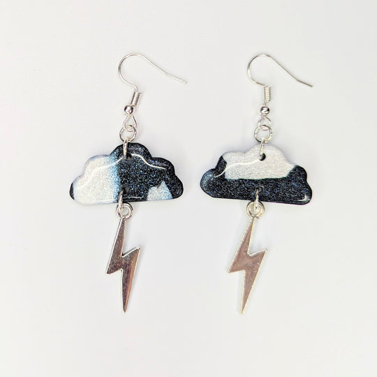Sparkly Marbled Black & White Cloud & Lightning Bolt Charm Trapeze Earrings