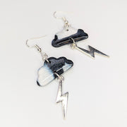 Sparkly Marbled Black & White Cloud & Lightning Bolt Charm Trapeze Earrings