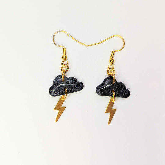 Sparkly Black Cute Lightning Bolt Cloud Trapeze Earrings