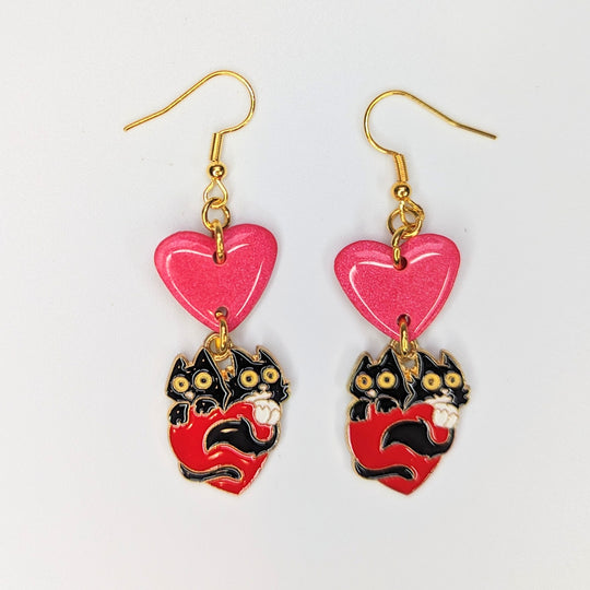 Sparkly Red Heart Topped Cute Cats Charm Trapeze Earrings