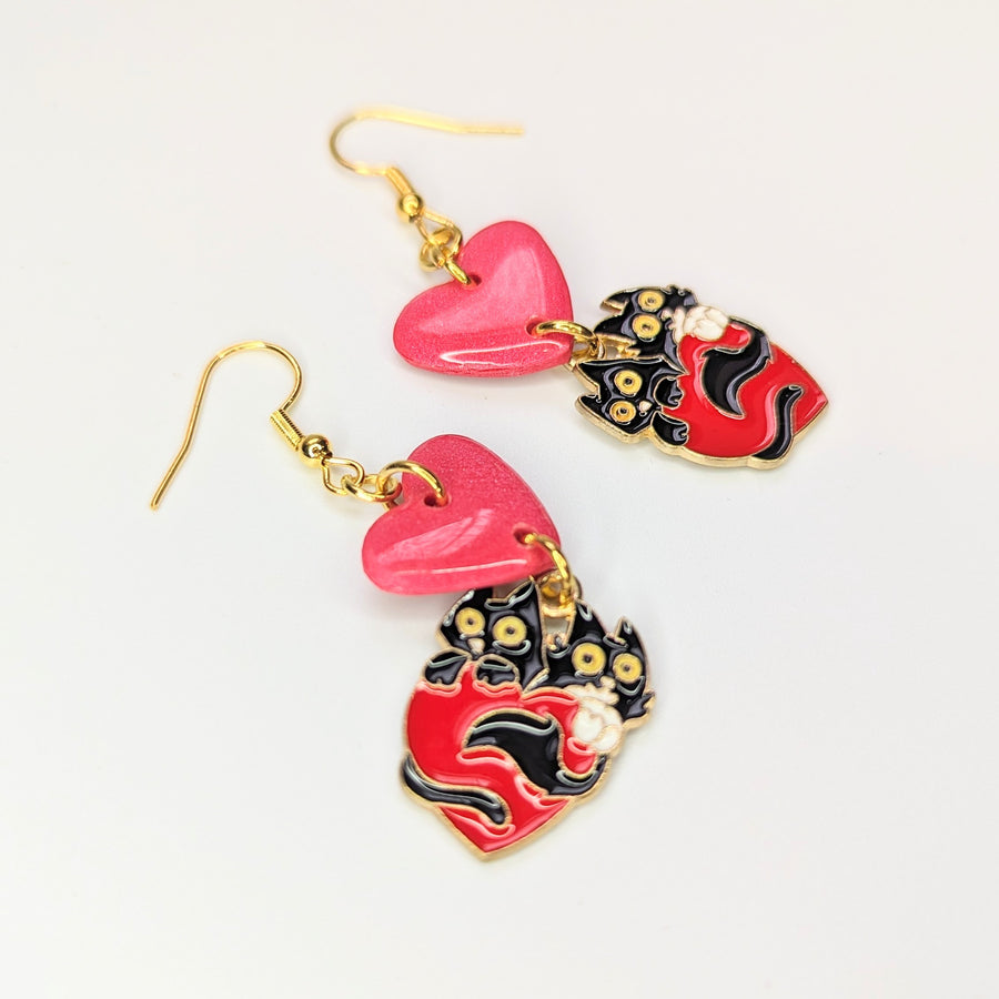 Sparkly Red Heart Topped Cute Cats Charm Trapeze Earrings
