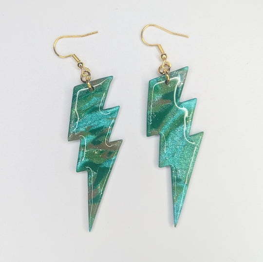 Oversized Emerald Green & Silver Lightning Bolt Drop Earrings