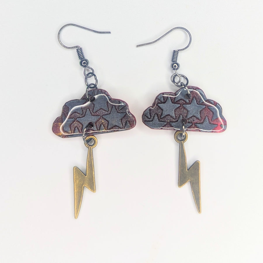 Punky Wine Red & Black Star Print Cloud & Lightning Bolt Charm Trapeze Earrings