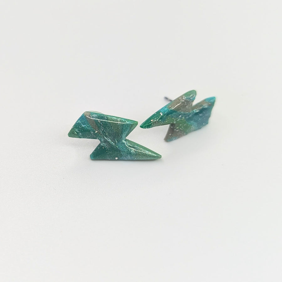 Marbled Emerald Green and Silver Lightning Bolt Stud Earrings