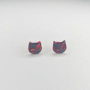 Wine Red with Black Star Print Cute Cat Face Stud Earrings