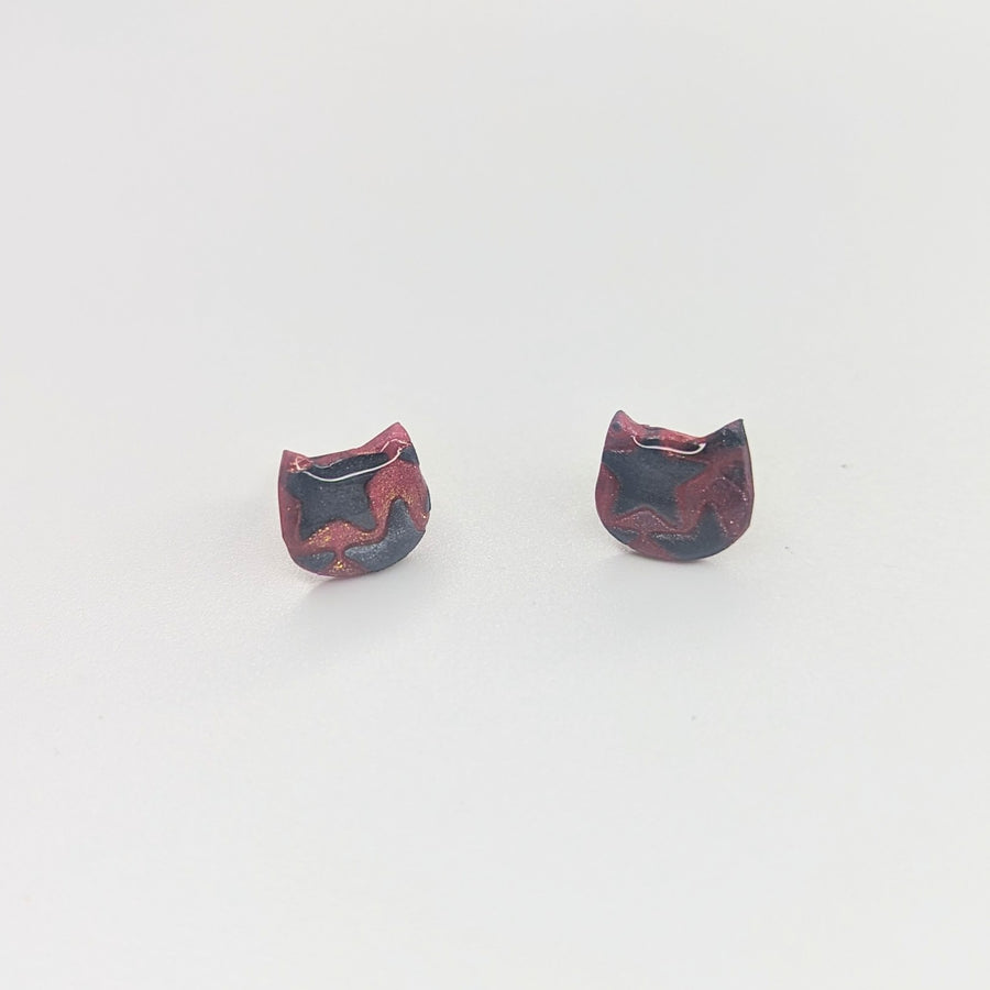 Wine Red with Black Star Print Cute Cat Face Stud Earrings