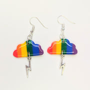 Rainbow Cloud with Lightning Bolt Charm LGBTQIA Drop Earrings, Polymer Clay Jewellery