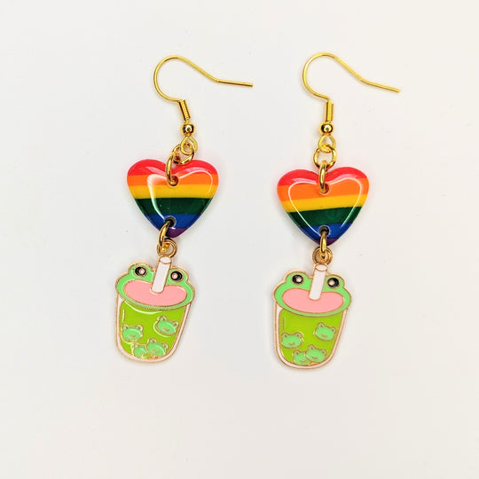 Rainbow Heart Topped Frog Bubble Tea Charm LGBTQIA Drop Earrings, Polymer Clay Jewellery