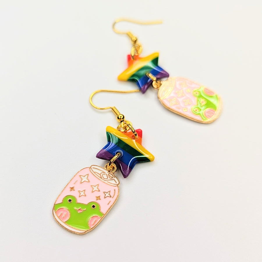 Rainbow Star Topped Frog Soda Can Charm LGBTQIA Drop Earrings, Polymer Clay Jewellery
