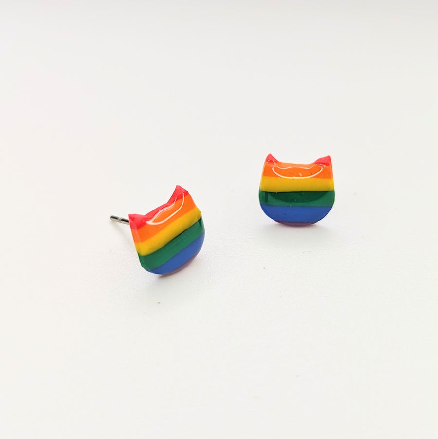 Pride Rainbow Cute Cat Face Stud Earrings, LGBTQ+ Queer Jewellery