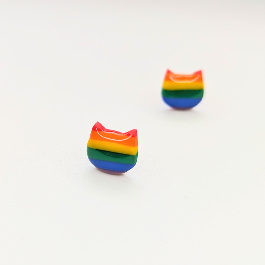 Pride Rainbow Cute Cat Face Stud Earrings, LGBTQ+ Queer Jewellery