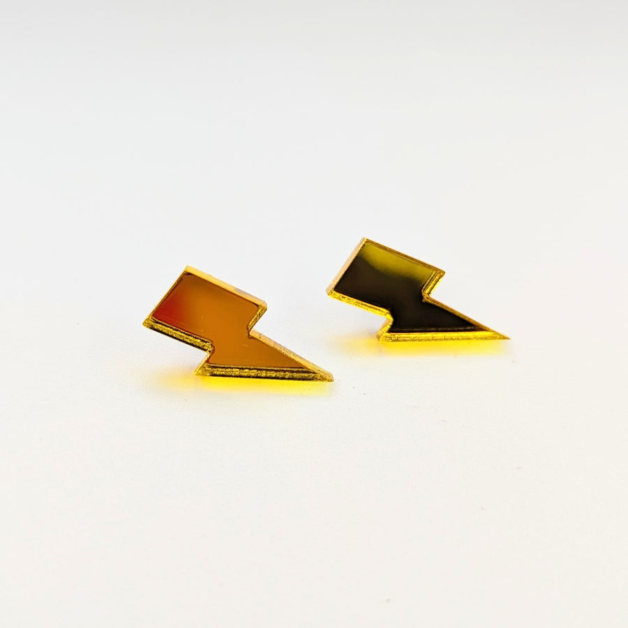 Mirrored Yellow Acrylic Lightning Bolt Studs, Handmade Earrings