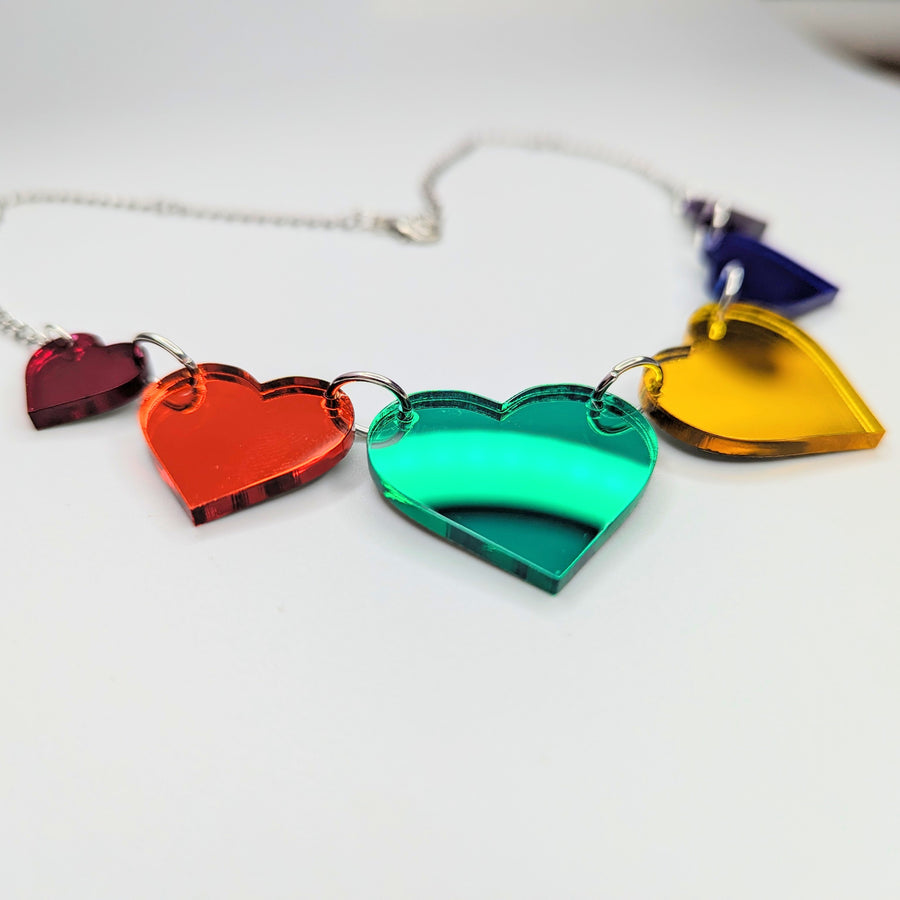 LGBTQ+ Pride Mirrored Rainbow Acrylic Heart Statement Necklace