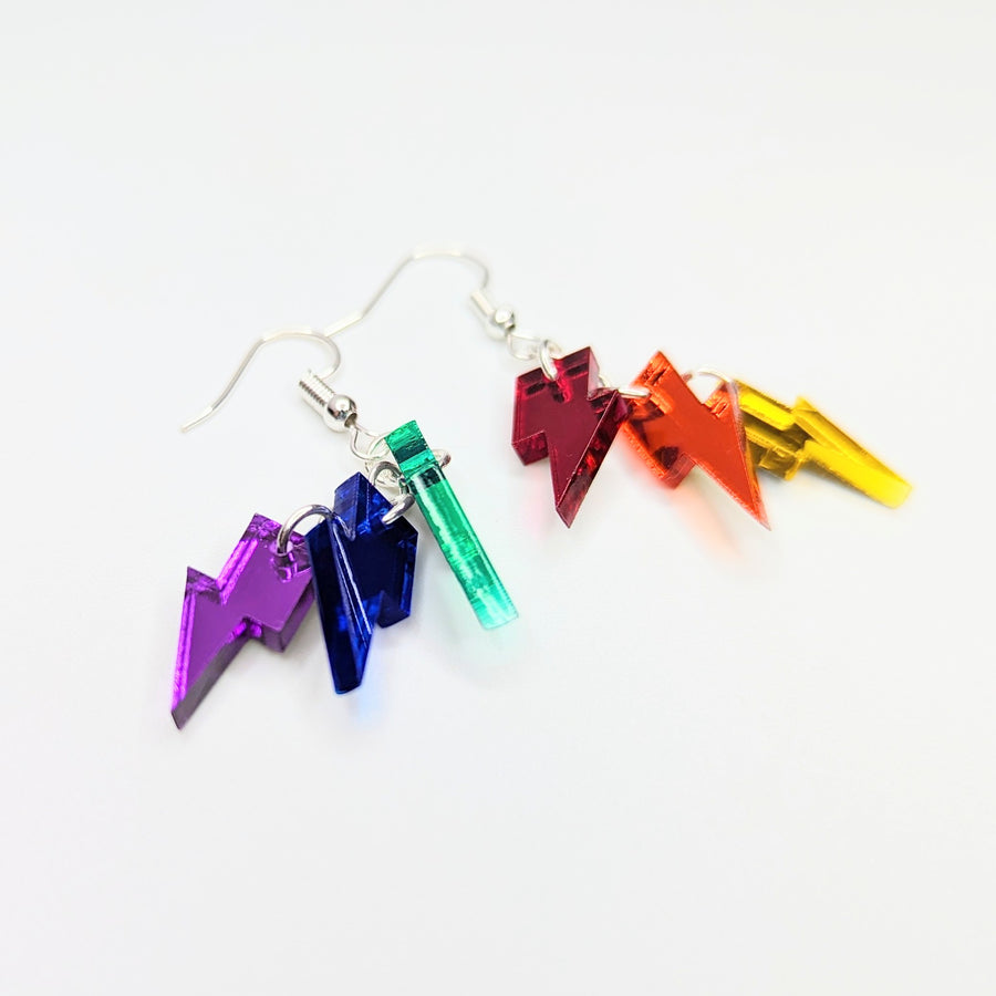 Mirrored Rainbow Acrylic Pride Staggered Lightning Bolt Statement Earrings, LGBTQ+ Queer Trapeze Earrings