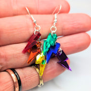 Mirrored Rainbow Acrylic Pride Staggered Lightning Bolt Statement Earrings, LGBTQ+ Queer Trapeze Earrings
