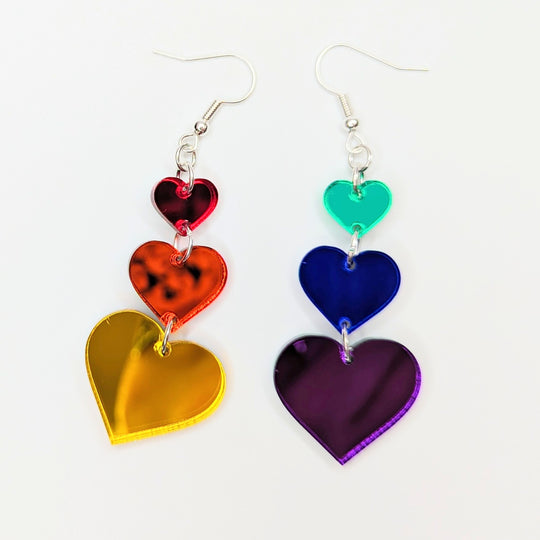 Mirrored Rainbow Acrylic Pride Triple Heart Statement Earrings, LGBTQ+ Queer Trapeze Earrings