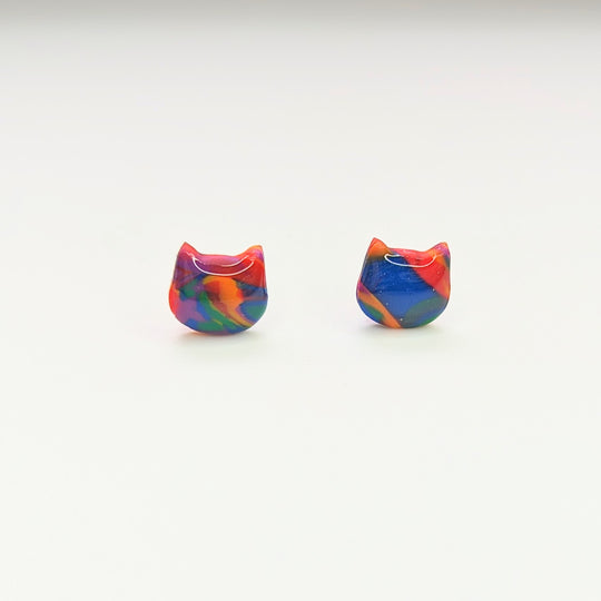 Pride Marbled Rainbow Cat Face Stud Earrings, LGBTQ+ Queer Jewellery