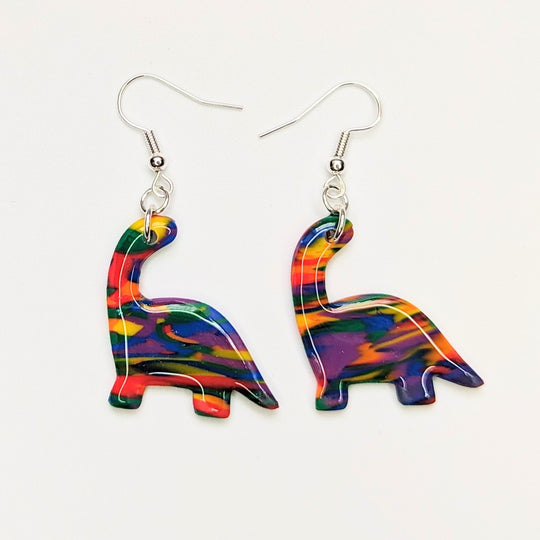 Marbled Multi-Coloured Rainbow Dino Drop Earrings
