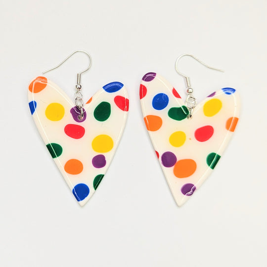 Pride Rainbow Polka Dot Oversized Wonky Heart Earrings, LGBTQ+ Queer Jewellery