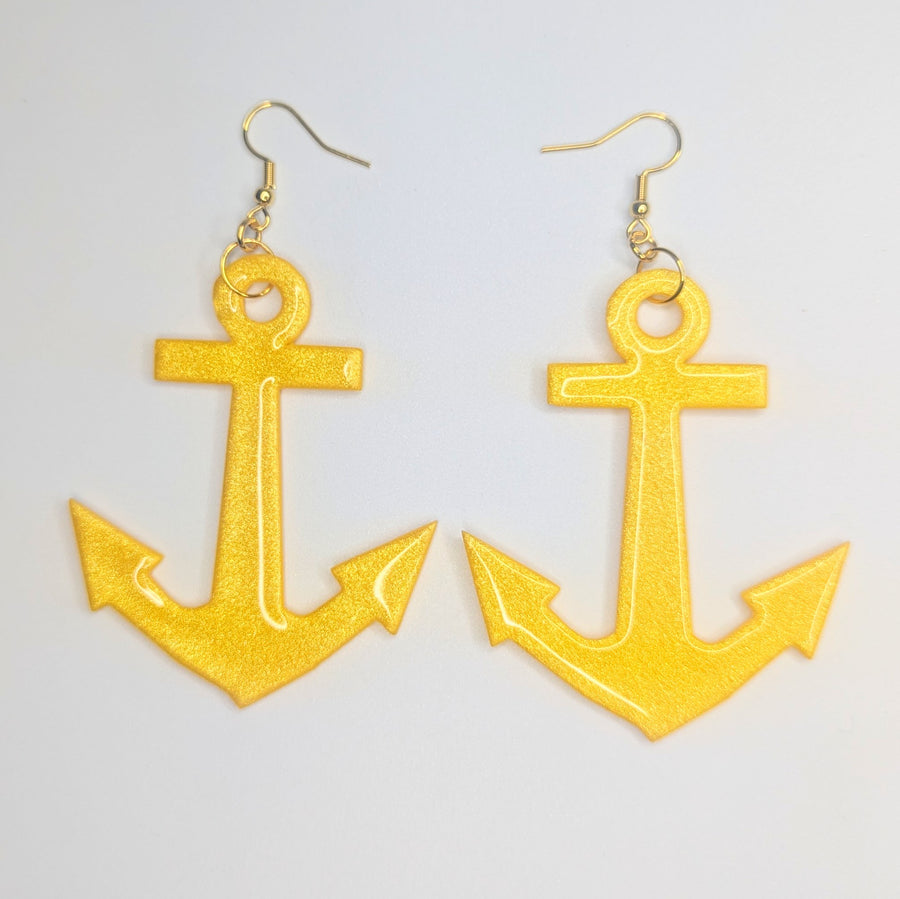 Oversized Sparkly Yellow Anchor Drop Earrings, Polymer Clay Jewellery