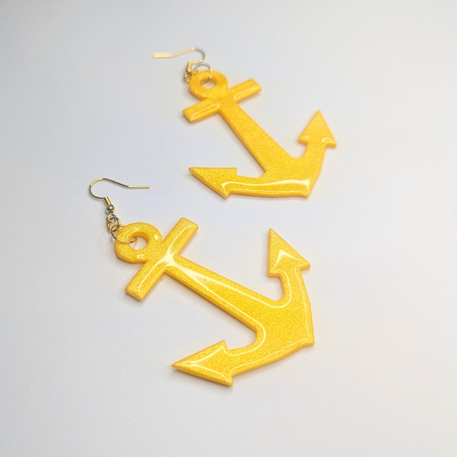 Oversized Sparkly Yellow Anchor Drop Earrings, Polymer Clay Jewellery