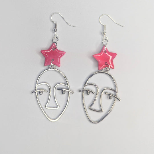 Sparkly Marbled Pink Star Topped Face Drop Earrings, Polymer Clay Jewellery