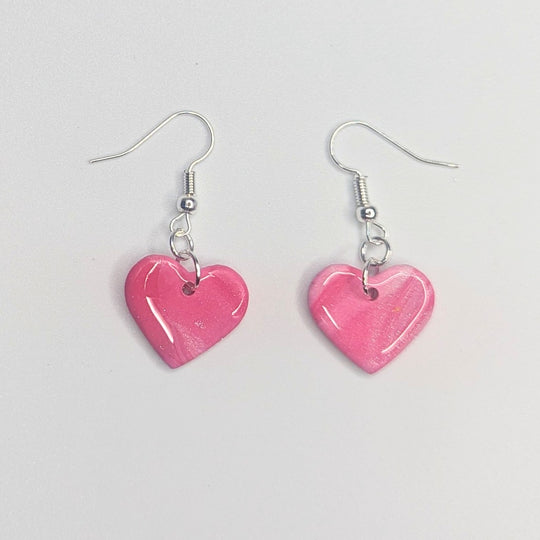 Sparkly Pink Marbled Heart Drop Earrings, Polymer Clay Jewellery