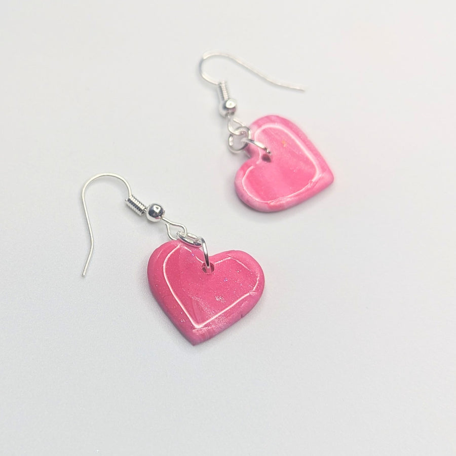 Sparkly Pink Marbled Heart Drop Earrings, Polymer Clay Jewellery