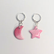 Sparkly Pink Marbled Star & Moon Huggie Hoop Earrings, Polymer Clay Jewellery