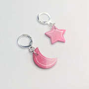 Sparkly Pink Marbled Star & Moon Huggie Hoop Earrings, Polymer Clay Jewellery