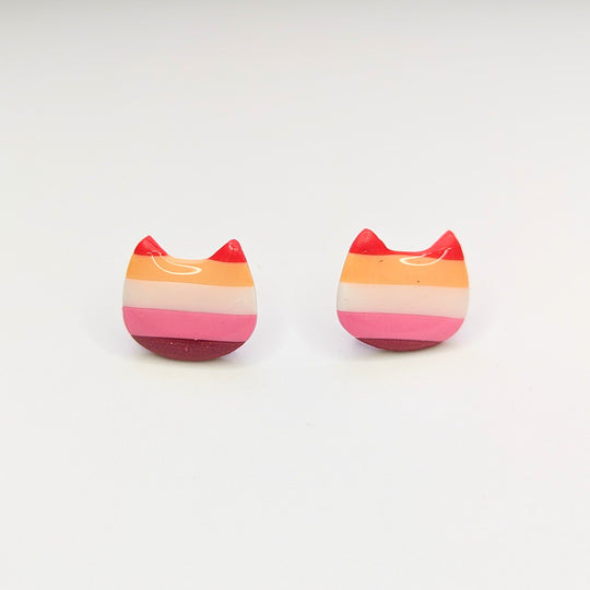 Lesbian Flag Cat Face LGBTQ+ Pride Polymer Clay Stud Earrings