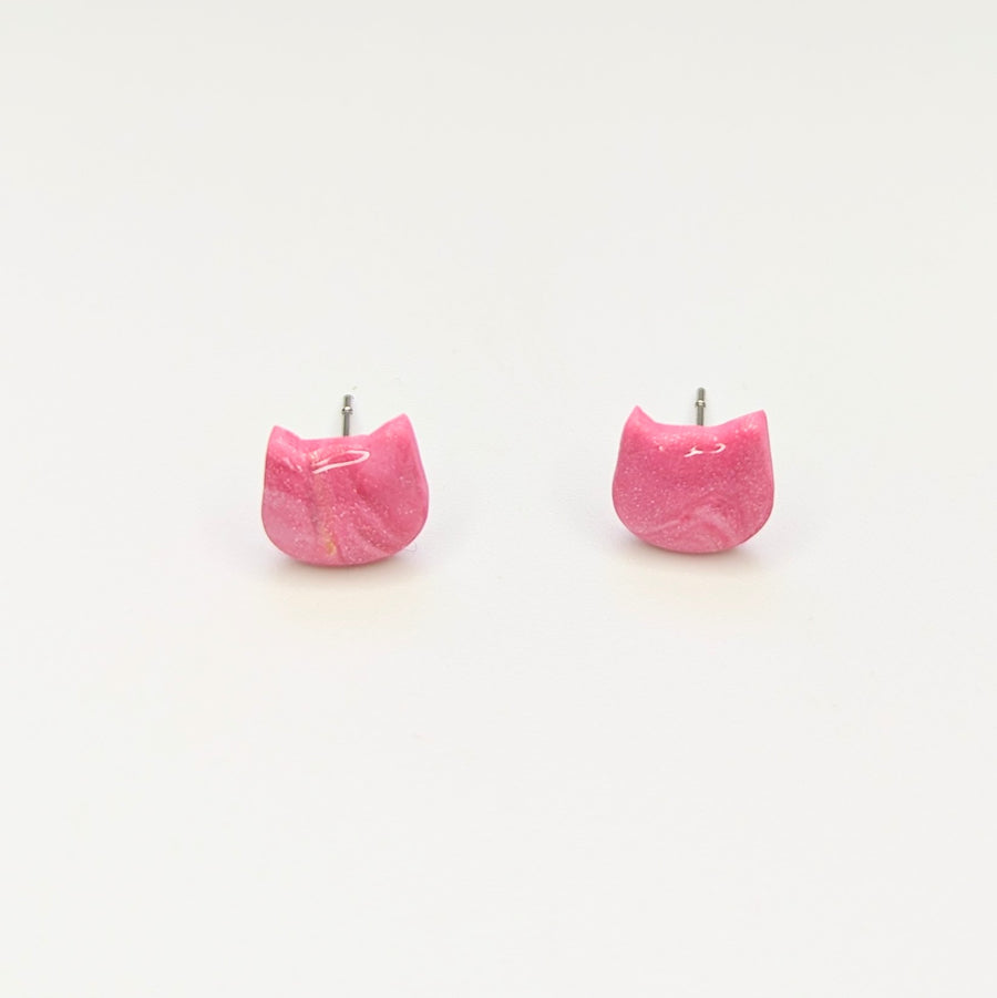 Marbled Sparkly Pink Cute Cat Face Stud Earrings