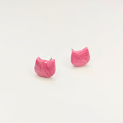 Marbled Sparkly Pink Cute Cat Face Stud Earrings
