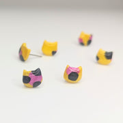 Sparkly Yellow & Pink Leopard Print Cute Cat Face Stud Earrings